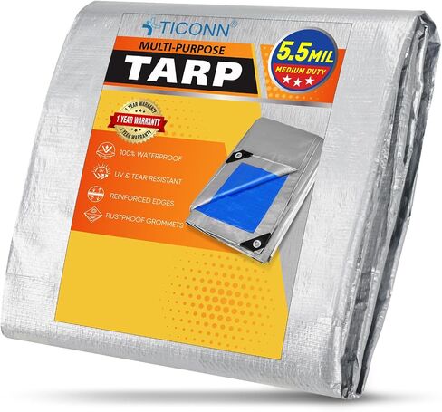 غطاء قماش القنب عالي التحمل من TICONN، قماش مشمع سميك للغاية مقاوم للماء والتمزق والأشعة فوق البنفسجية مع حلقات وحواف معززة (أزرق شديد التحمل، 6'x8') in Kuwait