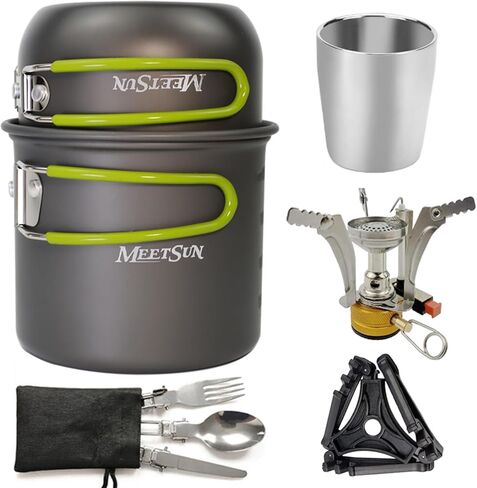 طقم أدوات الطبخ للتخييم للتخييم، طقم وعاء للتخييم لشخص واحد مع موقد تخييم صغير من الفولاذ المقاوم للصدأ بطبقة مزدوجة معزول حراريًا لحقيبة الظهر معدات الطبخ للمشي في الهواء الطلق in Kuwait