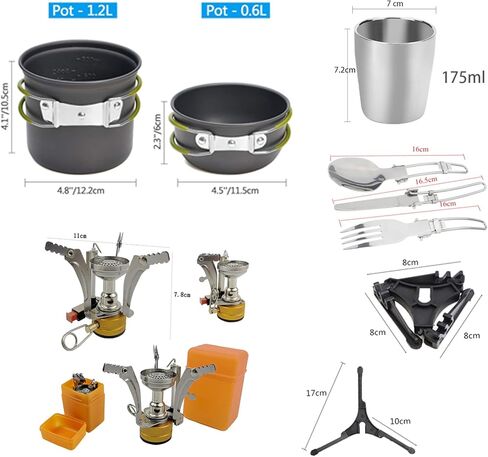 طقم أدوات الطبخ للتخييم للتخييم، طقم وعاء للتخييم لشخص واحد مع موقد تخييم صغير من الفولاذ المقاوم للصدأ بطبقة مزدوجة معزول حراريًا لحقيبة الظهر معدات الطبخ للمشي في الهواء الطلق in Kuwait