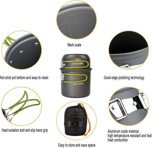 طقم أدوات الطبخ للتخييم للتخييم، طقم وعاء للتخييم لشخص واحد مع موقد تخييم صغير من الفولاذ المقاوم للصدأ بطبقة مزدوجة معزول حراريًا لحقيبة الظهر معدات الطبخ للمشي في الهواء الطلق in Kuwait