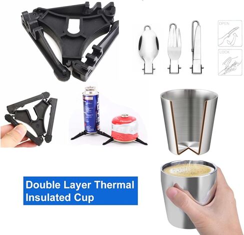 طقم أدوات الطبخ للتخييم للتخييم، طقم وعاء للتخييم لشخص واحد مع موقد تخييم صغير من الفولاذ المقاوم للصدأ بطبقة مزدوجة معزول حراريًا لحقيبة الظهر معدات الطبخ للمشي في الهواء الطلق in Kuwait