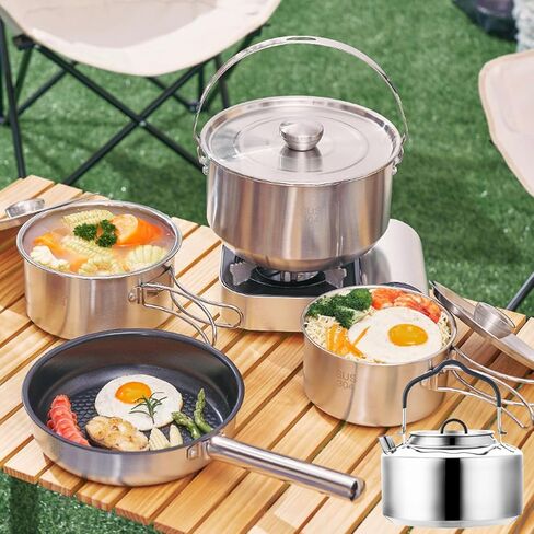 7PCS Camping Cooking Set,Camping Cookware Mess Kit,304 Stainless Steel Camping Cookware with Travel Tote Bag for Camping Outdoor Cooking & Picnic,RVs in Kuwait
