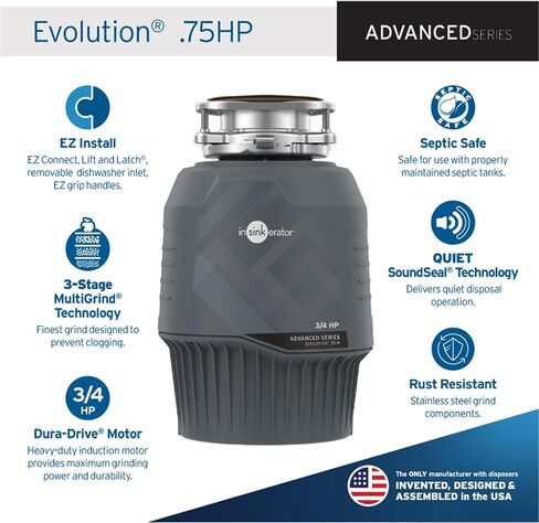 InSinkErator EVOLUTION 0.75HP 3/4 HP، السلسلة المتقدمة EZ Connect التغذية المستمرة للتخلص من نفايات الطعام، رمادي in Kuwait