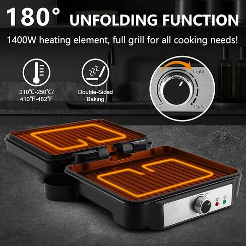 ماكينة صنع الساندوتشات بالضغط من مونكسوك، ألواح مطلية غير لاصقة (9.06 بوصة * 5.63 بوصة)، تفتح 180 درجة، تلامس الشواية الداخلية مع غطاء قفل، ماكينة بانيني 1000 وات، أسود in Kuwait