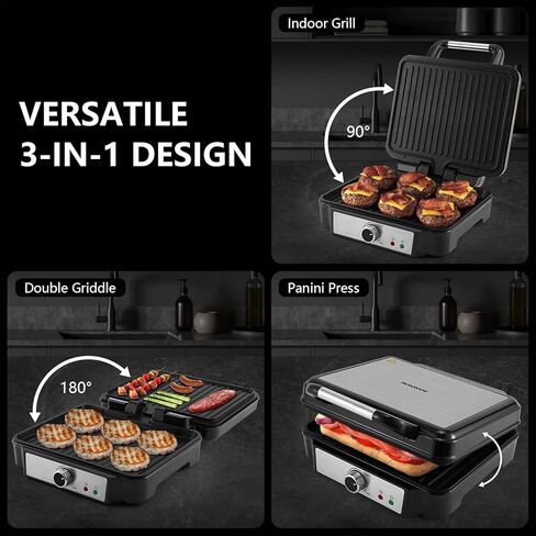 ماكينة صنع الساندوتشات بالضغط من مونكسوك، ألواح مطلية غير لاصقة (9.06 بوصة * 5.63 بوصة)، تفتح 180 درجة، تلامس الشواية الداخلية مع غطاء قفل، ماكينة بانيني 1000 وات، أسود in Kuwait