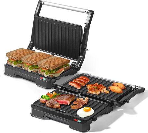 صانع الساندوتشات من UVFAST Panini Press Grill، شواية صانع الساندوتشات البانيني الكهربائية، مفتوح 180 درجة للشواية الداخلية، مثالي لشواء شرائح اللحم والبرجر والساندويتش ومقلاة غير لاصقة، أسود in Saudi Arabia