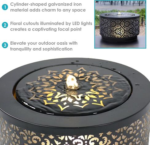 Sunnydaze نافورة مياه خارجية من الحديد المجلفن بقطر 15.75 بوصة × ارتفاع 9.5 بوصة مع أضواء LED - مضخة غاطسة كهربائية - أسود in Kuwait