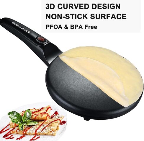 صانعة كريب الشواية مقاس 8 بوصات من جولدن بريري، مقلاة كريب كهربائية غير لاصقة، تحكم تلقائي في الحرارة، مقبض طويل محمول، مع وعاء للخليط، صانع إفطار محمول للفطائر، بلينتز، تشاباتي، تورتيلا in Kuwait