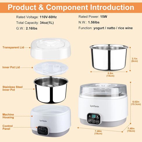 صانع الزبادي من لينتورين، آلة صنع الزبادي 34oz مع مؤقت وتحكم ثابت في درجة الحرارة، صانعات زبادي أوتوماتيكية 3 في 1 مع وعاء داخلي من الفولاذ المقاوم للصدأ، آلة زبادي لنبيذ أرز ناتو الزبادي in Kuwait