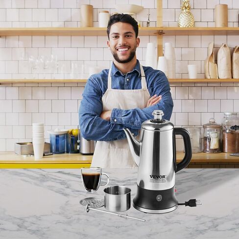 وعاء قهوة كهربائي سعة 12 كوب من VEVOR، وعاء قهوة من الفولاذ المقاوم للصدأ 304 مع وظيفة الحفاظ على الدفء ومقبض مقاوم للحرارة، ماكينة صنع القهوة الكلاسيكية، مشروب سريع وفوهة شرب سهلة الصب، فضي in Kuwait