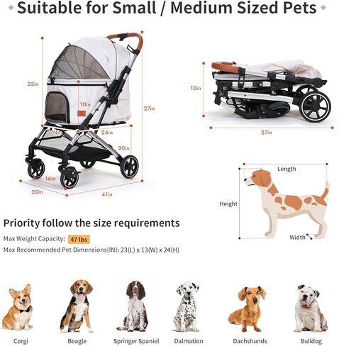 عربات الحيوانات الأليفة للكلاب الصغيرة والمتوسطة والقطط، بدون مدخل بسحاب مع مقبض ذو وجهين، عربة أطفال للركض والركض قابلة للطي بيد واحدة (كاكي) in Kuwait