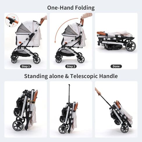 عربات الحيوانات الأليفة للكلاب الصغيرة والمتوسطة والقطط، بدون مدخل بسحاب مع مقبض ذو وجهين، عربة أطفال للركض والركض قابلة للطي بيد واحدة (كاكي) in Kuwait
