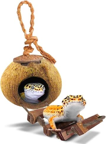 SunGrow Leopard Gecko Coconut Husk Hut with Ladder, with Shell Opening, Cave Habitat with Hanging Loop, 1 Pc per Pack in Saudi Arabia