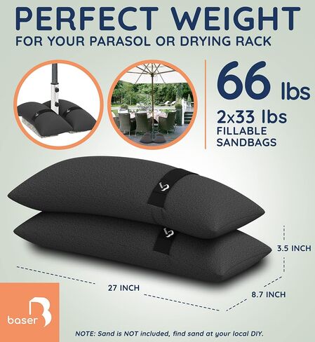 Baser Fillable Straight Sandbags, 2 x 55 LBS fillable Weight Bags for Patio Umbrellas, Cantilevers and Garden Accessories in Kuwait