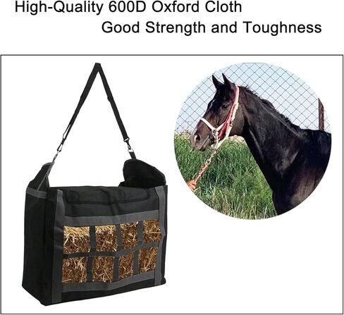 Skyehomo أكياس القش الحصان الأسود 600D أكسفورد القماش تغذية بطيئة حمل الحقائب مع المربعات الصغيرة سعة كبيرة أكياس التغذية للخيول الماعز الألبكة in Kuwait