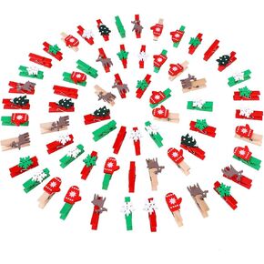 60pcs Christmas Wood Clips Mini Clothespins Christmas Tree Snowflake Elk Gloves Clothespins Wooden Photo Clips Tiny Wood Clips for Hanging Christmas Cards Paper Crafts