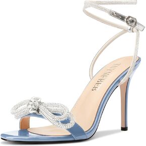 TNYNFBEB Womens Stiletto High Heel Open Toe Sandals Ankle Strap Buckle Rhinestone Crystal Bow-knot Prom Dress Summer 3.9 Inches Heels