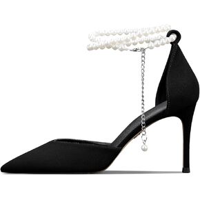 Women's Pearl Ankle Strap High Heels Closed Toe Stiletto D'orsay Pumps Wedding Party Evening Dress Shoes
