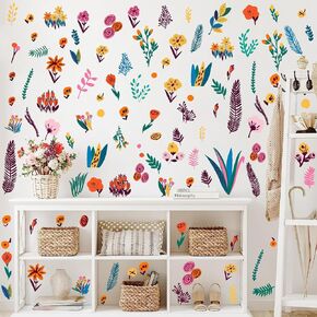 Flower Floral Wall Decal Small Colorful Flower Wall Stickers Flowers Leaves Wall Decals Wildflower Floral Leaf Wall Sticker Cute Flower Leaf Wall Decal for Nursery Girls Room Bedroom Decor