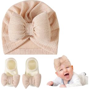 Kunyeah Newborn Baby Girls Hat Knitted Socks Set Infant Beanie Cap Baby Hospital Hats Toddler Soft Warm Cap for 0-12 Months