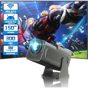 Mini Projector with WiFi and Bluetooth, 180°Rotatable Portable Projector, 1080P 2.4G/5G WiFi6, Short Throw Smart Projector with Android TV 11.0, Auto Keystone, 150" Screen Theater Projector, White