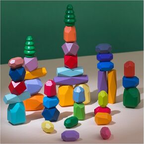 38 PCS Wooden Storting Stacking Stones Rock Colorful Montessori Balancing Blocks Educational Learning Sensory STEM Toy for Kids 3 4 5 6 Boy and Girl Birthday Gifts