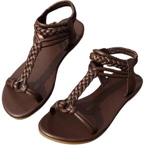 GORGLITTER Women's Braided Elastic Ankle Strap Flats Vacation Open Toe Leather Summer Sandals