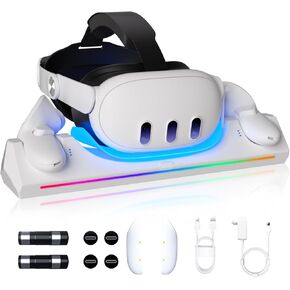 30W Fast Adapter for Oculus Quest 3 Charging Dock with LED Indicator, Includes 2 * 1800mAh Rechargeable Batteries