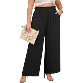 Plus Size Wide Leg Pants for Women Elastic High Waist Loose Casual Work Pants Palazzo Trousers with Pockets