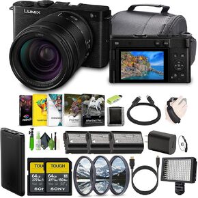 Panasonic LUMIX S9 Mirrorless Full Frame Compact Camera with 28-200mm L Mount Lens for Vlogging/Content Creators - Black -Bundle with 2X 64GB Memory Card + Extra Batteries + Video LED Light + More