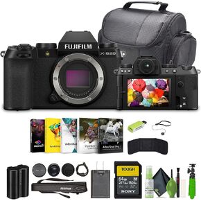 Fujifilm X-S20 Professional Compact Digital Mirrorless Camera Body - Black - Bundle with 64GB UHS-II SDXC Memory Card + Vlogging Tripod + Camara Bag and Lens Cleaning Kit + More Accessories