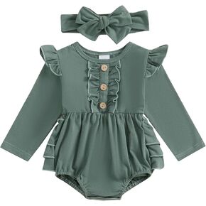 Douhoow Baby Girl Sweatshirt Romper Infant Baby Knit Romper Ruffle Festival Clothes Fall Winter Outfits with Headband