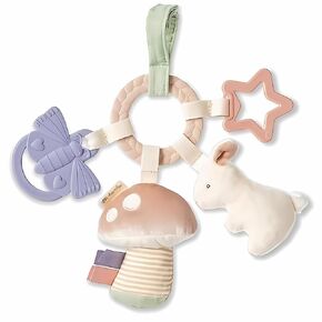 Itzy Ritzy Teething Activity Toy - Bitzy Busy Ring Infant Teething Toy Features Braided Ring & Dangling Toys, Includes Teether, Textured Ribbons, Crinkle Sound & Jingle Bell - 0 Months & Up (Farm)