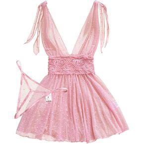 Lilosy Sexy Polka Dots Mesh Sheer Lace Babydoll Chemise Lingerie Set Floral Lace Nightwear