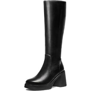 Knee High Boots for Women - Platform Tall Wide Calf Boots Square Toe Chunky Block Heeled Leather Gogo Boots with Side Zipper