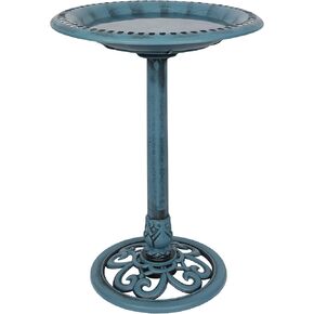 Alpine Corporation 28" Tall Outdoor Birdbath with Scrollwork Decoration Yard Statue, Green