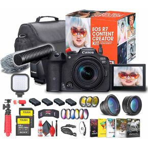 Canon EOS R7 Mirrorless Camera with 18-45mm Lens Content Creator Kit (5137C055) + 2 x 64GB Tough Series Memory Card + Color Filter Kit + Photography Software + Bag + Filter Kit + More (Renewed)