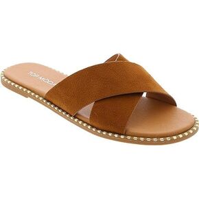 TOP Moda Women's Open Toe Flat Slide Slip On Sandals, Clear Gateth-22 Tan PU 8