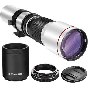 High-Power 500mm/1000mm f/8 Manual Telephoto Lens for Canon EOS 80D, 90D, Rebel T3, T3i, T5, T5i, T6i, T6s, T7, T7I, T8I, SL3, 60D, 70D, 5D, EOS5D IV, 6D II, 7D II SLR Cameras - White
