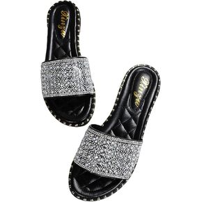 WDIRARA Rhinestone Slip On Slide Sandals Summer Pearls Open Toe Flat Sandals
