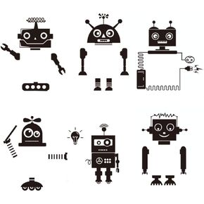 6pcs Cute Little Robots Wall Decals Robot Theme Sticker Removable Self- Adhesive Wall Decals Wall Art Mural Decal for Brdroom Nursery Room Black