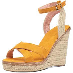 GATUXUS Women's Raffia Espadrilles Wedge Sandals Open Toe Platform Buckled Ankle Strap High Heels Dress Shoes