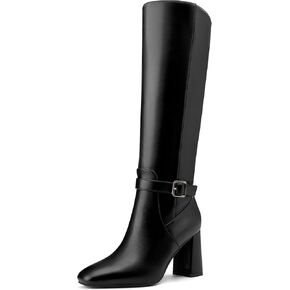 Saekcted Womens Chunky Block Mid Heel High Heel Square Toe Knee High Boots Slip-on Buckle Party Dress Boots