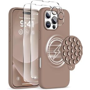 Magnetic for iPhone 16 Pro Case, Compatible with Magsafe, Suction Cup Phone Mount, 2 Screen Protectors - Camera Protector, Silicone Shockproof Protective Phone Cover 6.3", Stone