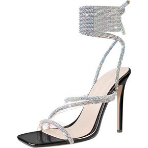 JOZHAMTA Women Rhinestone Strappy Silver High Heels Sandals Sparkly Clear Band Stiletto Heel Ankle Strap Wedding Pumps Lace Up Square Open Toe Party Dress Shoes