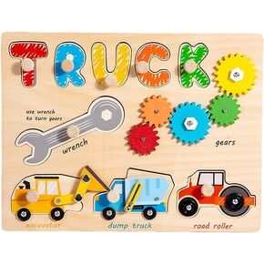 Wooden Montessori Jigsaw Busy Board Interactive Puzzle for Toddlers, Wooden Activity Board with Educational Activities for Learning Fine Motor Skills. (Truck)