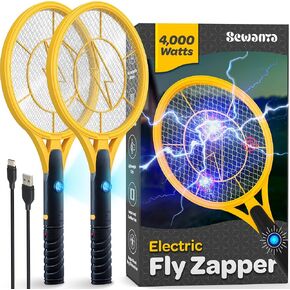 Electric Fly Swatter [Set of 2] Handheld Bug Zapper Racket for Indoor/Outdoor - 4000 Volt Fly Swatter - Instant Bug & Mosquito Killer with Attractant LED Light - USB Rechargeable Portable Fly Zapper.