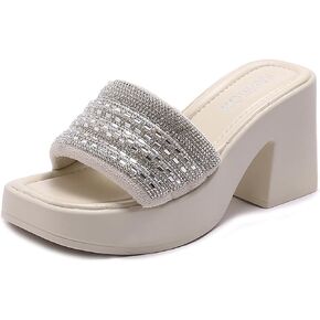 AUNTHUI Women'S Square Toe Open Toe Chunky Heel Sandals,Slip-On Rhinestones High-Heeled Sandals,Summer Outdoor Breathable Platform Wedge Sandals