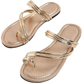 GORGLITTER Women's Metallic Strappy Thong Sandals Open Toe Flat Sandals Slides