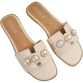 GORGLITTER Women's Faux Pearls Decor Flat Sandals Cut Out H Band Open Toe Leather Slide Sandals